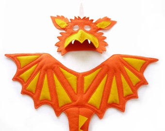 Orange Dragon wings  mask and tail dress up gift child and adult gift, Halloween, book day, theatre, school dress up