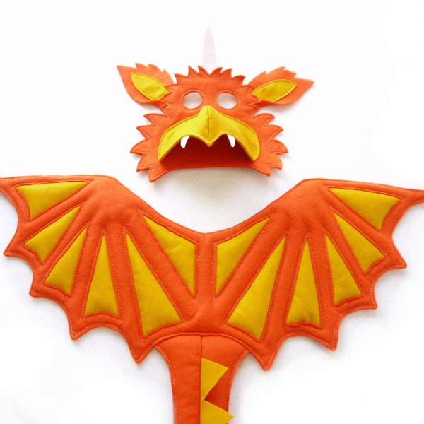 Book day costume Orange Dragon wings  mask and tail dress up gift child and adult gift