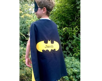 Superhero cape personalised LINED AND REVERSIBLE cape and mask set embroidered named Cotton Super hero costume gift party