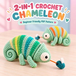 Peut inclure: Deux caméléons au crochet avec des corps rayés dans des tons de vert, jaune et orange. Chacun possède un contour d'œil blanc, une queue enroulée et une longue langue orange atteignant une petite mouche bleue. Texte : 2-IN-1 CROCHET CHAMELEON.