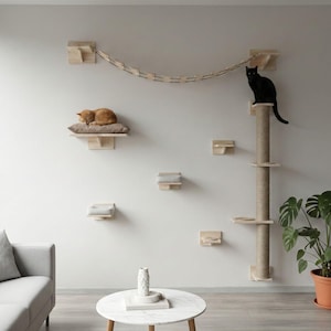 May include: A modern cat tree and wall-mounted cat shelves. The cat tree has a scratching post and multiple platforms. A black cat sits atop the tree, while an orange cat rests on a shelf. The shelves are connected by a rope bridge.