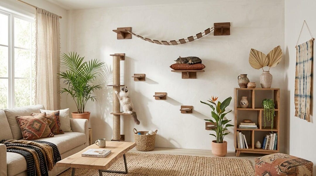 Spring Cat Wall Handcrafted 7-piece Cat Wall System With Bridge and Sisal Scratching ...