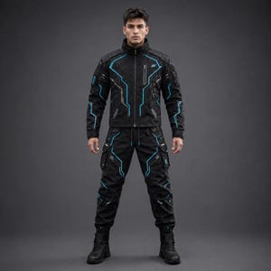 Conjunto de ropa técnica cyberpunk, chaqueta y pantalones de neón negro, disfraz táctico futurista, estilo rave y streetwear.