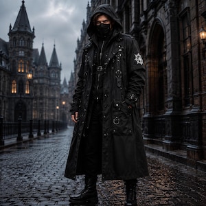 Svart Techwear-trenchcoat med huva, futuristisk mörk slitstark utility-jacka