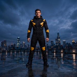 Può includere: Una tuta intera nera dotata di cappuccio e chiusura frontale con zip. Il capo è arricchito da pannelli geometrici giallo brillante sulle spalle, sulla parte superiore delle braccia e sulle ginocchia. Il design presenta maniche lunghe.