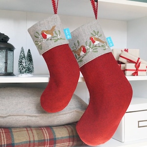 Embroidered Robin and Mistletoe Christmas Stocking