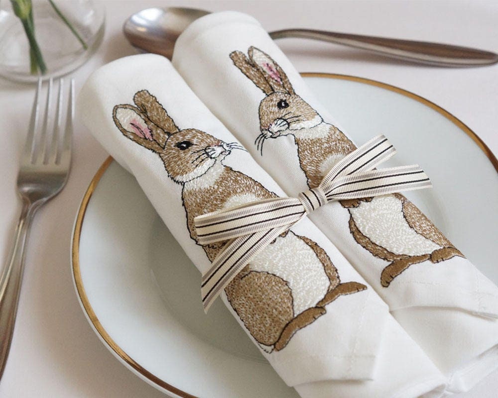 Serviettes Brodées de Lapin Pâques - Ensemble Deux