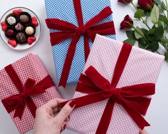 Luxury Reusable Gingham Fabric Gift Wrap with Velvet Ribbon Ties