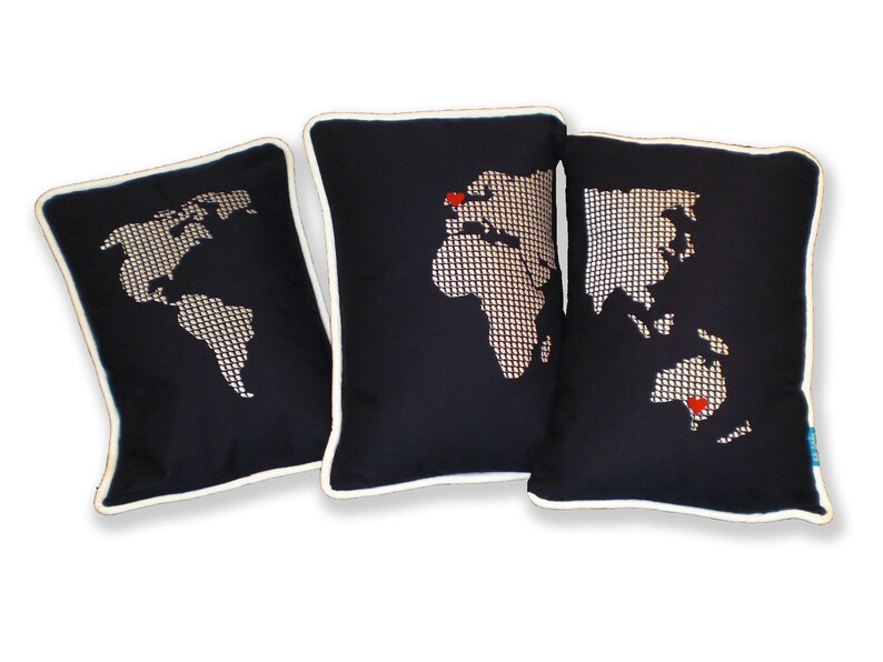 PERSONALISED 'long Distance Love' World Map Set of Three Navy Cushions ...