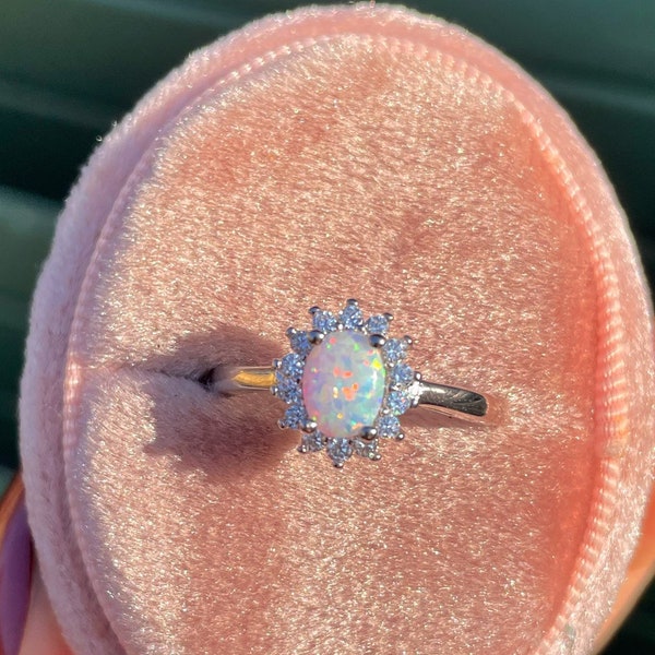 Angel Halo White Opal Sterling Silver Vintage Style Cubic Zirconica Ring