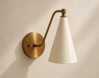 Modern Brass Cone Wall Sconce, White Metal Shade, Mid Century Bedside Lamp, Hardwired Fixture