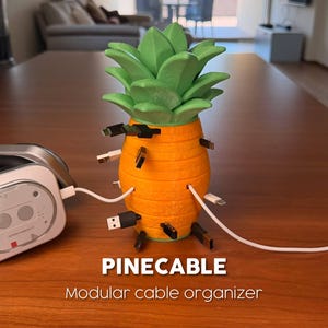 May include: A pineapple-shaped cable organizer with a textured orange body and green leaves. The device features multiple slots holding various USB cables and connectors. The text PINECABLE Modular cable organizer is printed below the object.