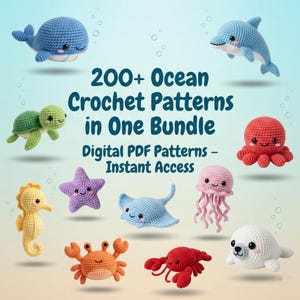 Pakiet ponad 200 wzorów szydełkowych na stworzenia morskie: ponad 200 wzorów amigurumi na zwierzęta oceaniczne w formacie PDF | TIVANEST