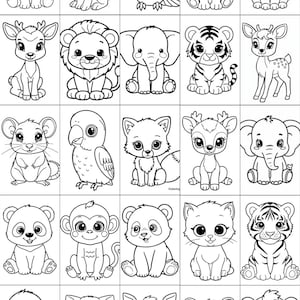 May include: Black and white line art illustrations of various baby animals, including a bear, bunny, bird, lion, cat, deer, elephant, tiger, and more. Each animal is drawn in a cute, cartoon style, perfect for coloring.