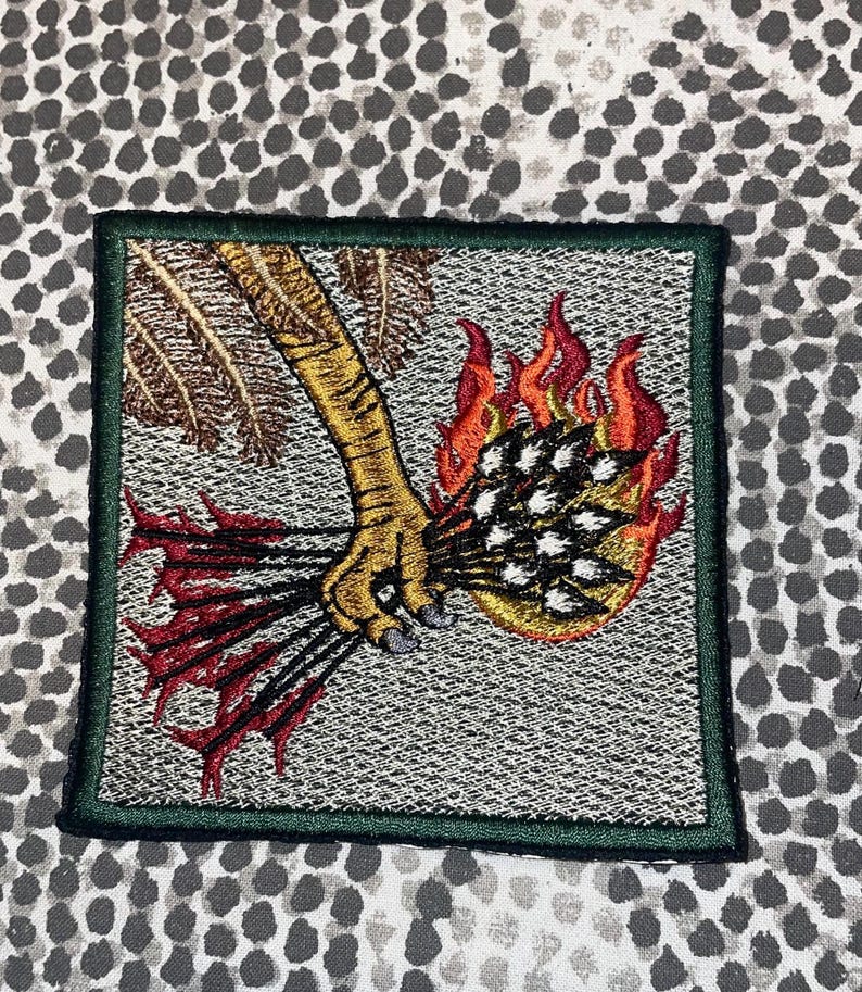 May include: Embroidered patch featuring a golden claw clutching a bundle of arrows engulfed in flames. The patch has a green border and a textured gray background. The flames are red and orange, and the arrows are black and white.