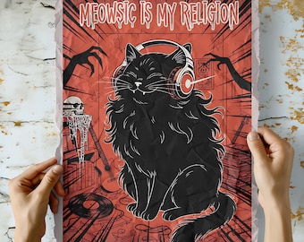 Black Cat Headphones Music Poster Funny Meowsic Quote Printable, Gothic Cat Wall Art DJ Music Lover Gift, Dark Aesthetic Digital PNG PDF