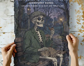 Skeleton Cat Lap Funny Quote Printable Wall Art, Dark Aesthetic Gothic Illustration, Cozy Cat Lover Humor Poster, Digital Download PNG