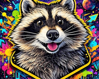 Rainbow Raccoon Logo • Graffiti-Style Animal Mascot Clipart • Digital Download for T-Shirts, Stickers & Wall Art