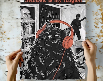 Black Cat Headphones Horror Poster Meowsic Is My Religion Print, Dark Gothic Music Wall Art Creepy Cat DJ Printable Download PNG PDF