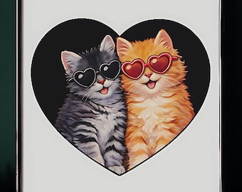 Lover Cats Logo Digital Download – Cute Cat Couple with Heart Sunglasses, Valentine Cat Illustration for T-Shirts & Wall Art