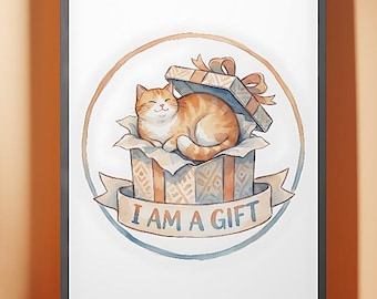 Cute Cat in Gift Box Digital Art | “I Am a Gift” Cat Illustration | Printable Cat Wall Art | Cat Logo PNG for Shirts & Posters