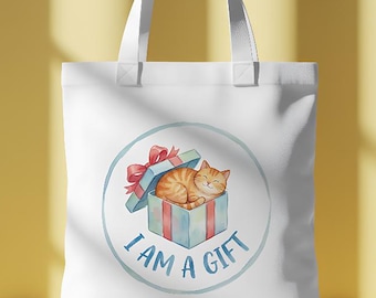 Cute I am a Gift Cat Logo PNG Cat in Present Digital Download Printable Watercolor Cat Art Sticker & Shirt Design