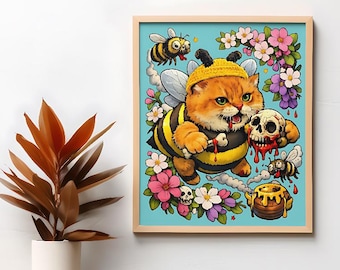 Murderous Bee Cat Art Print Bloody Skull Honey Pot Dark Humor Poster Cute Chubby Cat in Bee Costume Gore Illustration Digital Download
