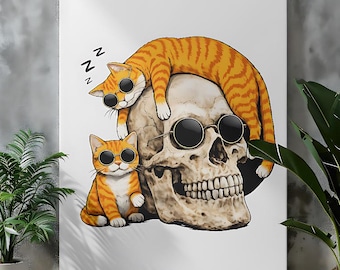 Cool Cats & Skull Digital Art | Sunglasses Cat Skull Illustration | Printable Wall Art / Clothing Design | 300 DPI PNG