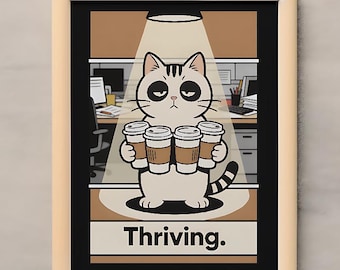Thriving Cat Meme PNG Digital Download Funny Overworked Cat Coffee Meme Office Humor Printable Wall Art Burnout Gift Poster