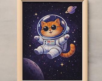 Astronaut Cat Digital Download, Cute Space Kitten Wall Art Print, Galaxy Nursery Decor, Kawaii Cosmic Cat PNG, 300 DPI Instant Printable Art