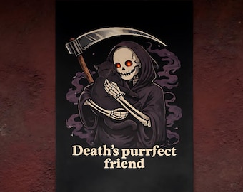 Death’s Purrfect Friend Gothic Cat Digital Download, Grim Reaper Black Cat Art Print, Dark Humor Halloween Wall Decor PNG High Resolution