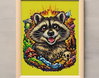 Colorful Raccoon Digital Art Psychedelic Animal Print Funny Raccoon Sticker Design Space Cartoon Wall Art Cute Trash Panda Poster