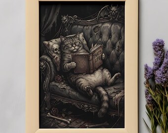 Gothic Reading Cat Wall Art Digital Download Dark Academia Cat Print Spooky Vintage Horror Cat Poster Halloween Decor Printable Design PNG