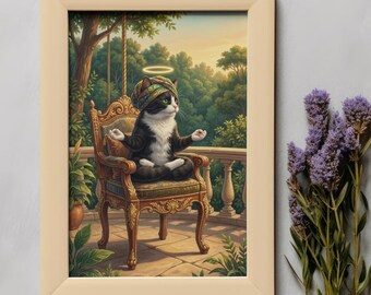 Mystic Yoga Cat Wall Art Printable Spiritual Meditation Cat Digital Download Boho Zen Animal Decor Surreal Green Eyes Art Print