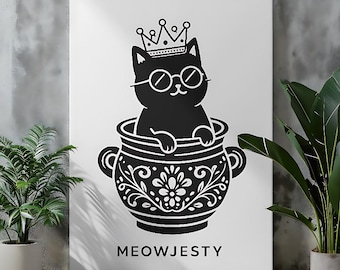 Meowjesty Cat Crown Digital Print | Cool Cat Illustration PNG | Funny Cat Wall Art & T-Shirt Design | 300DPI