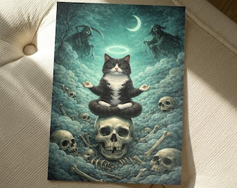 Black Cat Yoga Skull Art Print, Gothic Meditation Wall Decor, Dark Fantasy Turquoise Sky Poster, Spooky Spiritual Digital Download