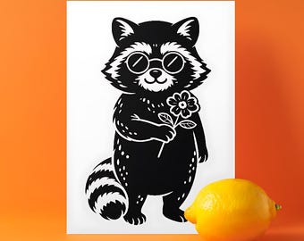 Cute Raccoon with Flower PDF PNG | Minimalist Animal Line Art | Funny Woodland Animal Digital Download for Shirts & Wall Art