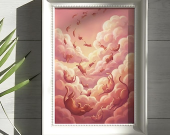 Cats Falling From the Sky Art Print – Pastel Pink Cat Wall Art, Surreal Digital Download, Cute Printable Cat Poster