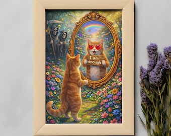 Funny Cat Mirror Self Love Art Print I Am Enough Motivational Kitten Poster Cute Dark Whimsical Wall Art Digital Download Gift PNG
