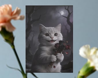 Gothic White Cat with Black Roses Poster, Dark Fantasy Moonlit Cat Art, Creepy Cute Vampire Smile Print, Enchanted Gothic Wall Decor Digital