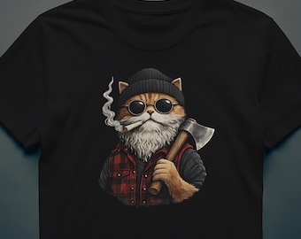 Lumberjack Cat Logo | Bearded Cat with Ax Illustration | Edgy Cat Art | Printable T-Shirt & Poster Design | Digital Download