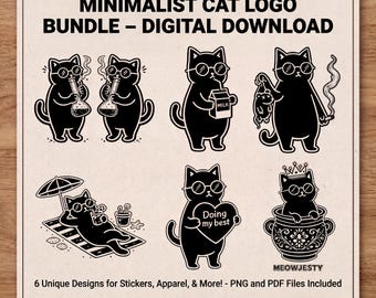 Minimalist Cat Logo Bundle | Funny Cat Illustrations | Digital Download PNG & PDF for Shirts, Stickers, Prints