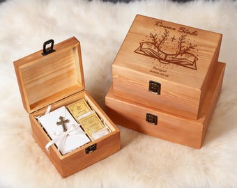 Personalized Wooden Box, Custom Wooden Baptism Keepsake Box, First Communion, Memory box, Engraving Name and Date, Newborn Baptism Gift