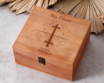 Custom Baptism Wooden Box, Personalized Newborn Memory Box, First Communion, Name Date Gift Idea, Engraved Wooden Keepsake Box