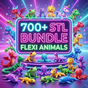 May include: A vibrant image showcases a collection of colorful, flexible animal figurines, including dragons, frogs, and unicorns. The neon sign reads "700+ STL BUNDLE FLEXI ANIMALS". The background features neon lights.