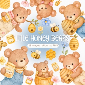 Pode incluir: Ilustração em aquarela com adoráveis ursinhos marrons com potes de mel, colmeias e abelhas. O texto "Little Honey Bears" é exibido, juntamente com o número de imagens, cliparts e formato PNG. A imagem tem um fundo azul claro com flores.