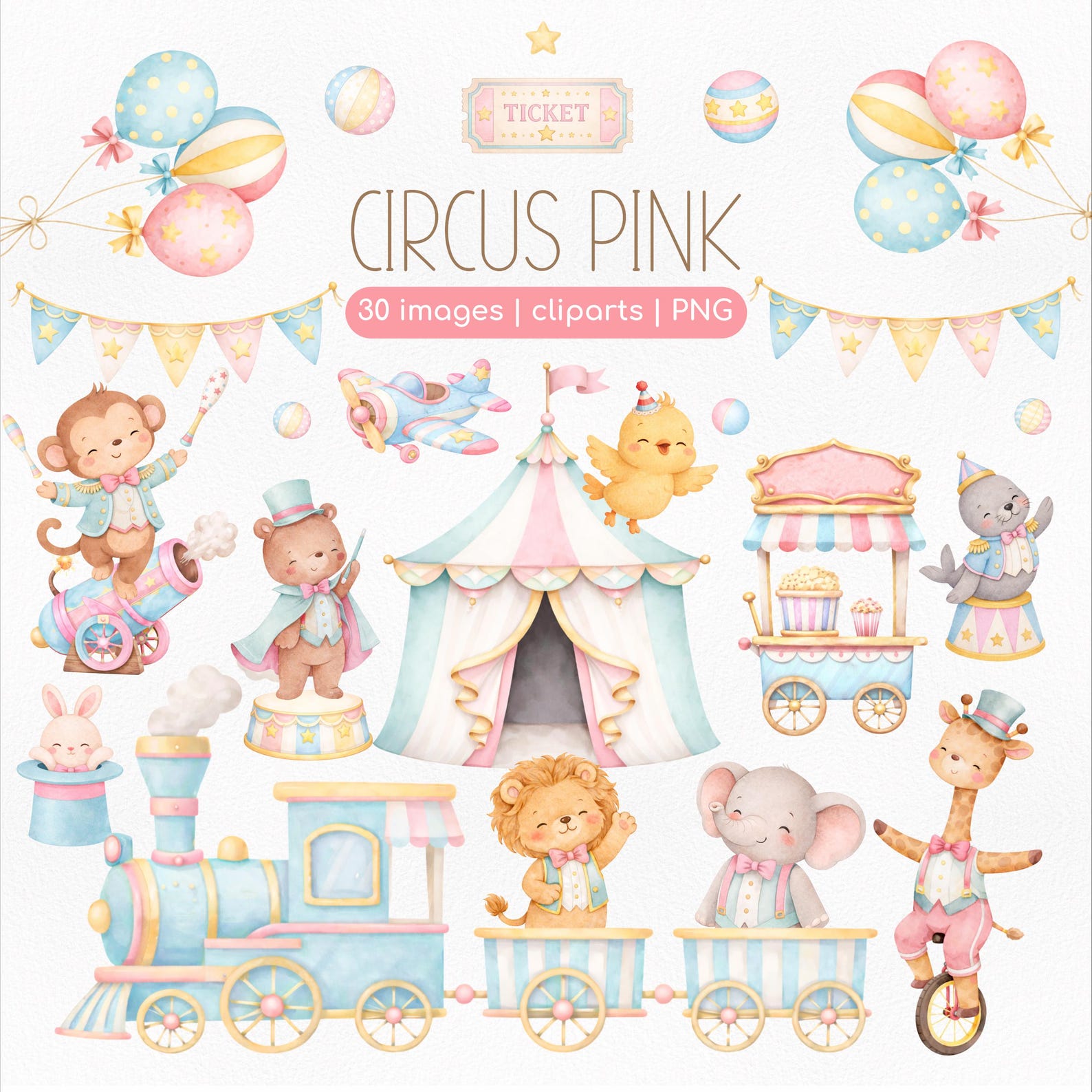Circus Pink Clipart PNG Bundle – Cute Watercolor Circus Animals, Baby ...