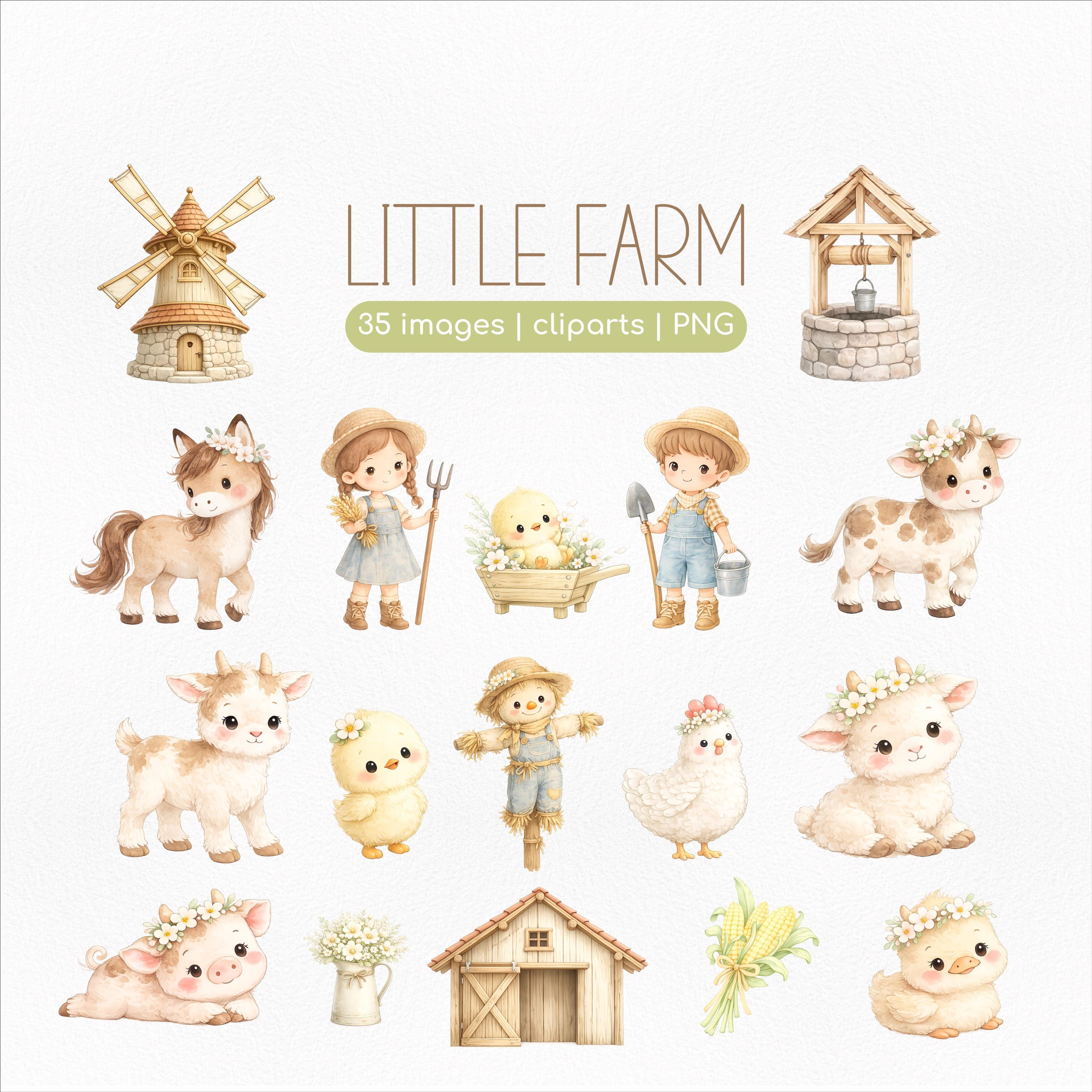 Little Farm Watercolor Clipart PNG | Cute Farm Animals and Kids | Party ...
