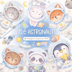 Pode incluir: Ilustração em aquarela com adoráveis animais astronautas, incluindo um gato, um coelho, uma raposa, um urso, um panda e um pinguim, todos usando trajes espaciais. A imagem inclui um foguete, planetas e o texto "Little Astronauts".