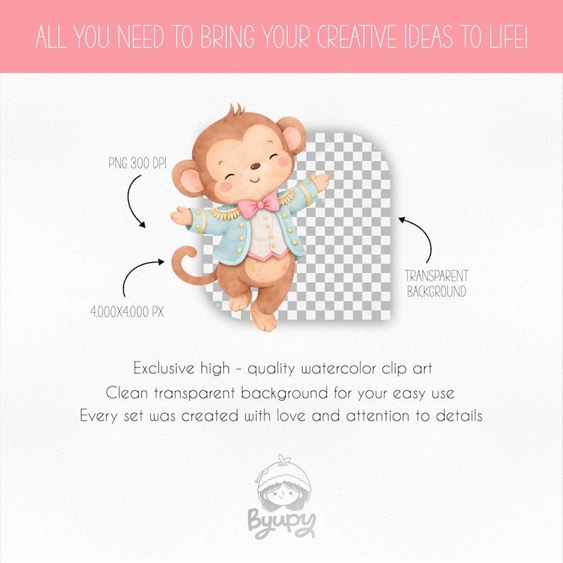 Circus Pink Clipart PNG Bundle – Cute Watercolor Circus Animals, Baby ...